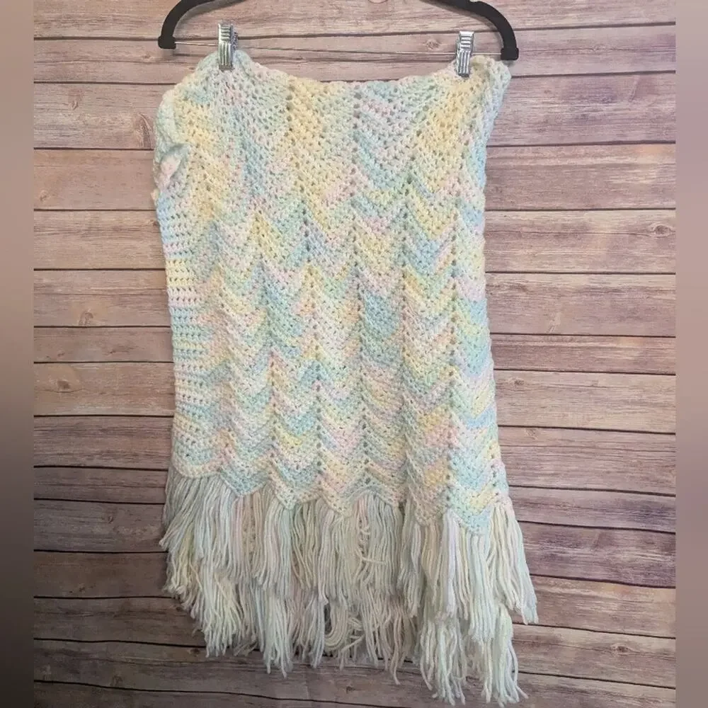 Handmade Pastel Chevron Crochet Fringe Throw, Newborn Crochet Blanket